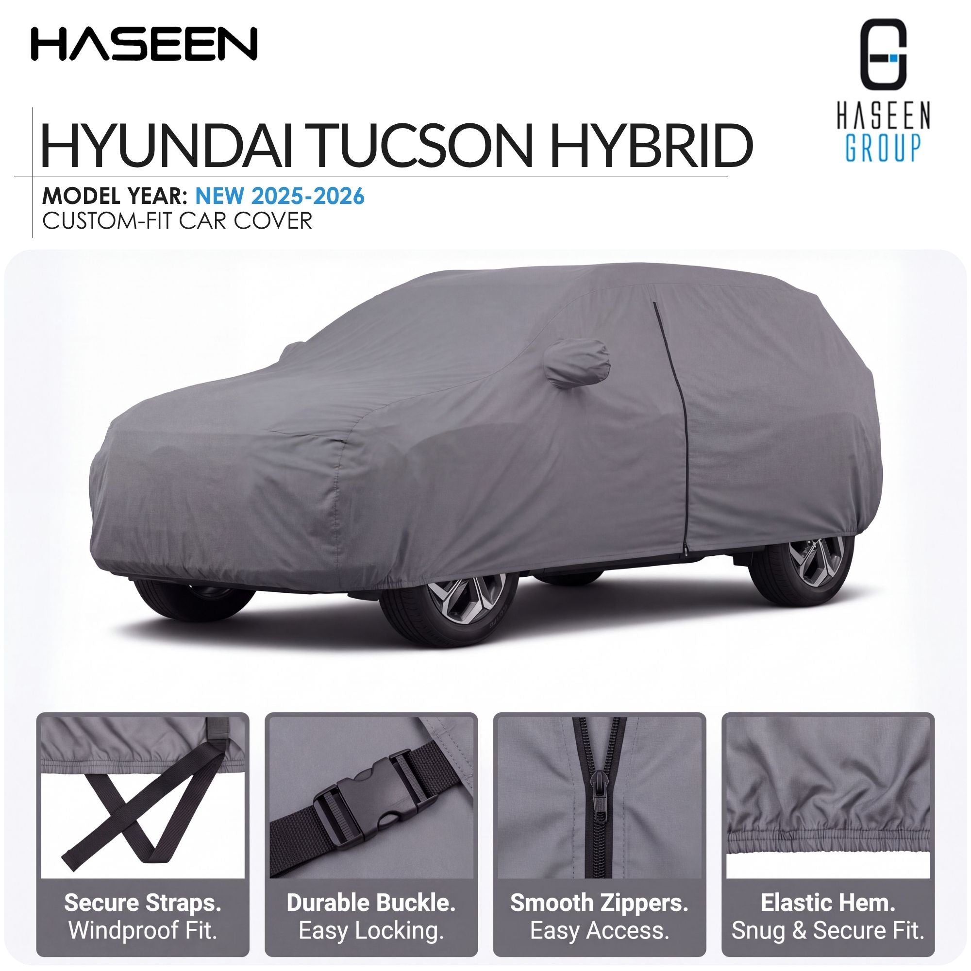 A gray custom-fit car cover on a Hyundai Tucson Hybrid, shown on a white background with HASEEN branding and feature callout panels along the bottom.