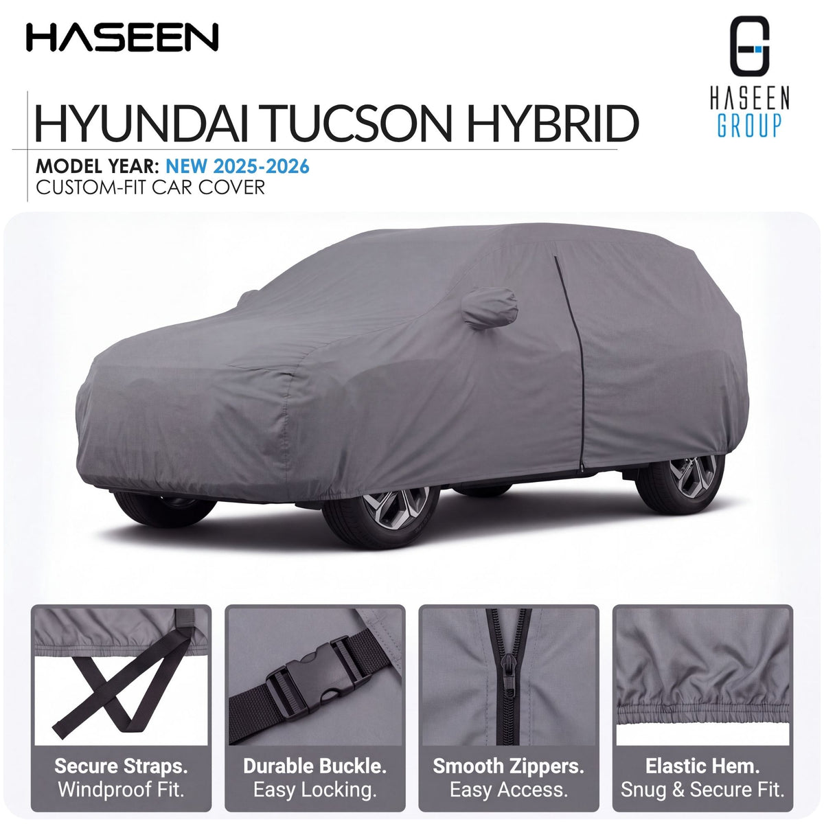 A gray custom-fit car cover on a Hyundai Tucson Hybrid, shown on a white background with HASEEN branding and feature callout panels along the bottom.