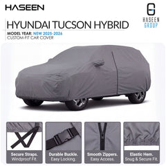 A gray custom-fit car cover on a Hyundai Tucson Hybrid, shown on a white background with HASEEN branding and feature callout panels along the bottom.