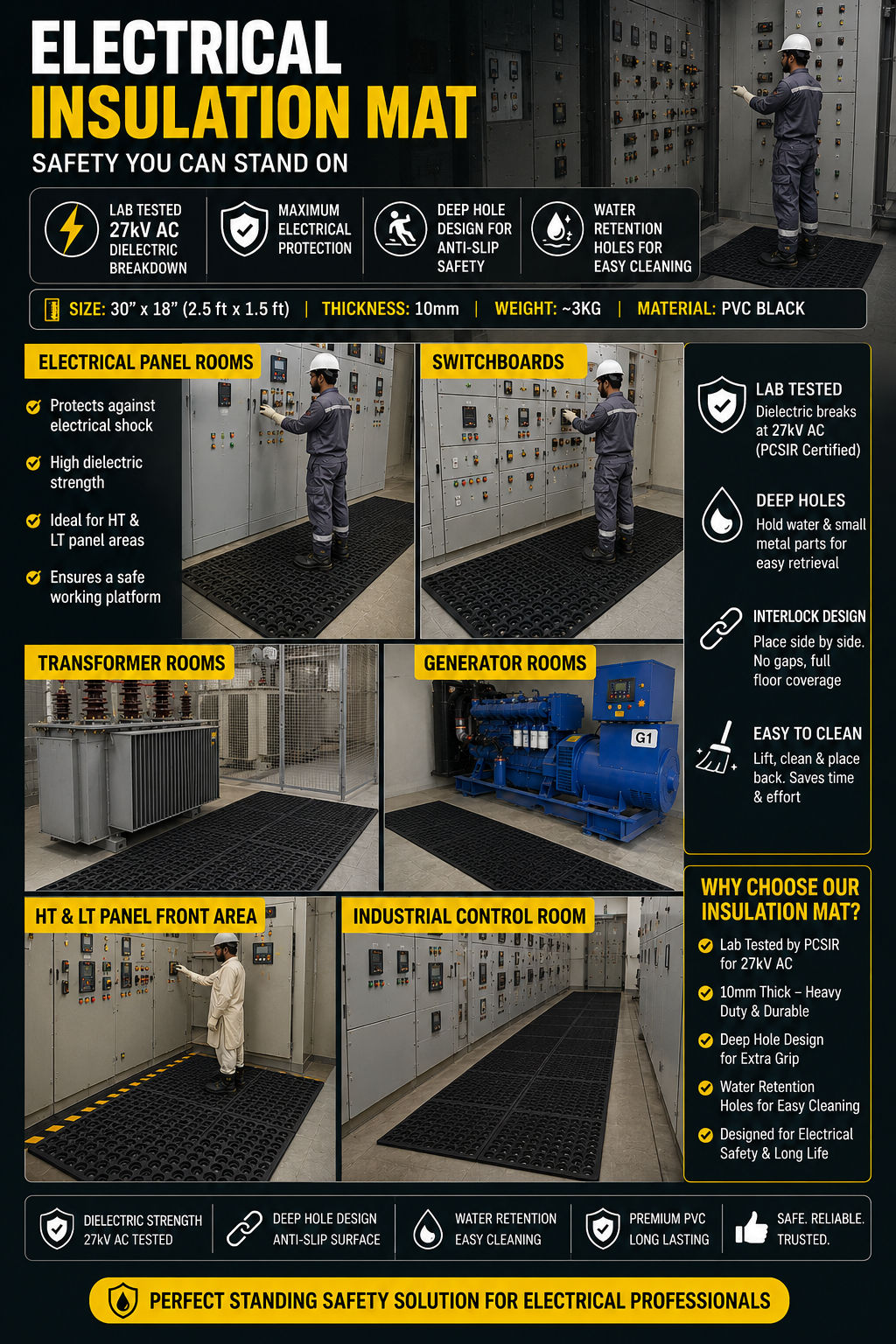 Haseen electrical insulation mat 30x18 inch in use – PCSIR tested 27kV AC soft PVC dielectric safety mat for electrical panel rooms and switchboards in Pakistan