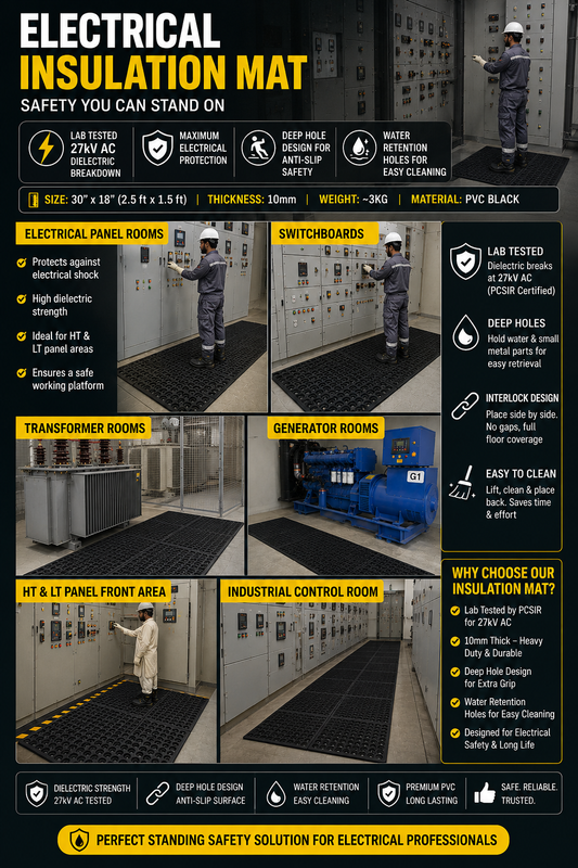 Haseen electrical insulation mat 30x18 inch in use – PCSIR tested 27kV AC soft PVC dielectric safety mat for electrical panel rooms and switchboards in Pakistan
