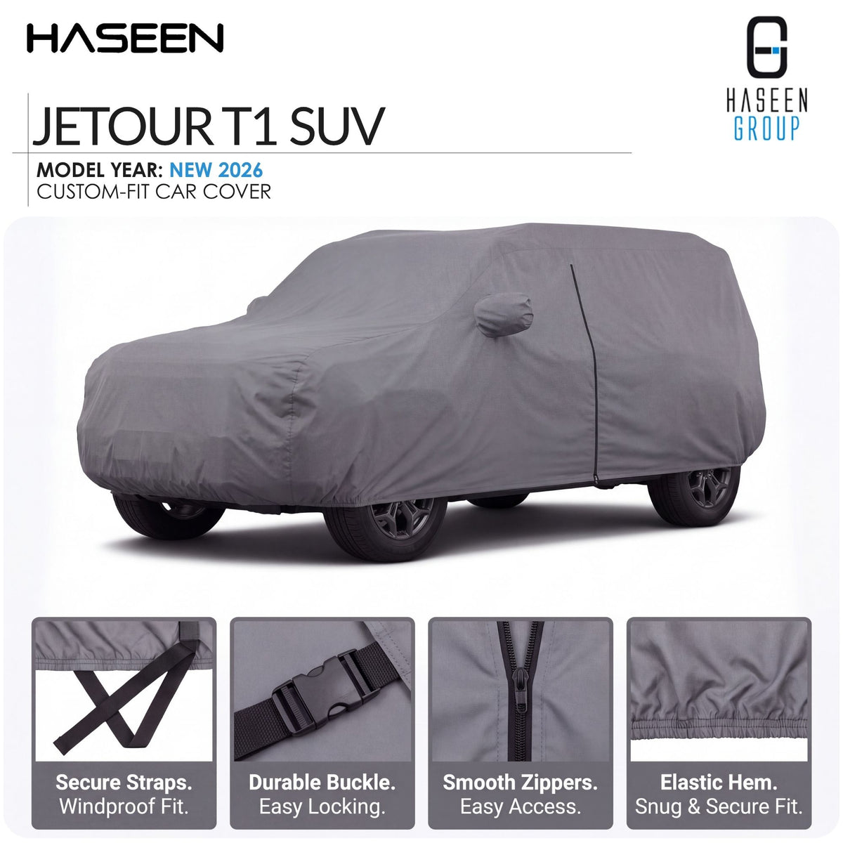 A gray custom-fit car cover shown on a white background, with the HASEEN brand logo at top left and HASEEN GROUP logo at top right. The cover fits a Jetour T1 SUV, with feature callouts along the bottom including secure straps, durable buckle, smooth zippers, and elastic hem.