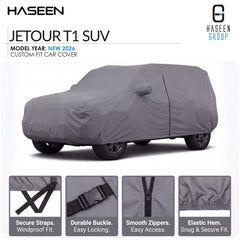 A gray custom-fit car cover shown on a white background, with the HASEEN brand logo at top left and HASEEN GROUP logo at top right. The cover fits a Jetour T1 SUV, with feature callouts along the bottom including secure straps, durable buckle, smooth zippers, and elastic hem.