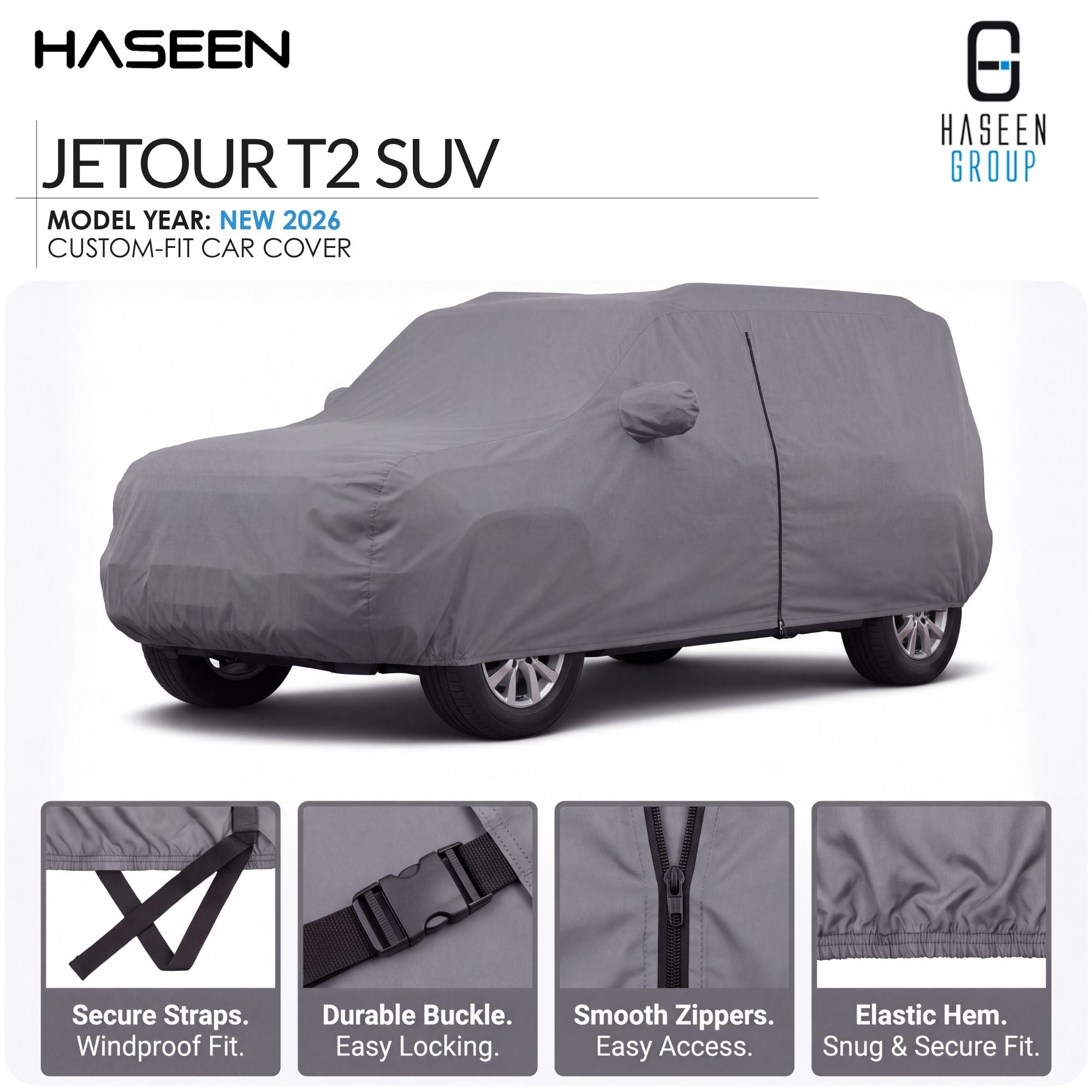 A gray custom-fit car cover shown on a white SUV, with HASEEN branding and text reading 'JETOUR T2 SUV' and feature callouts along the bottom.