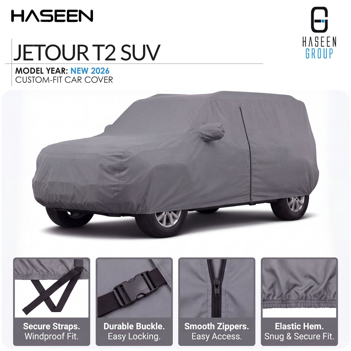 A gray custom-fit car cover shown on a white SUV, with HASEEN branding and text reading 'JETOUR T2 SUV' and feature callouts along the bottom.