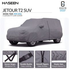 A gray custom-fit car cover shown on a white SUV, with HASEEN branding and text reading 'JETOUR T2 SUV' and feature callouts along the bottom.