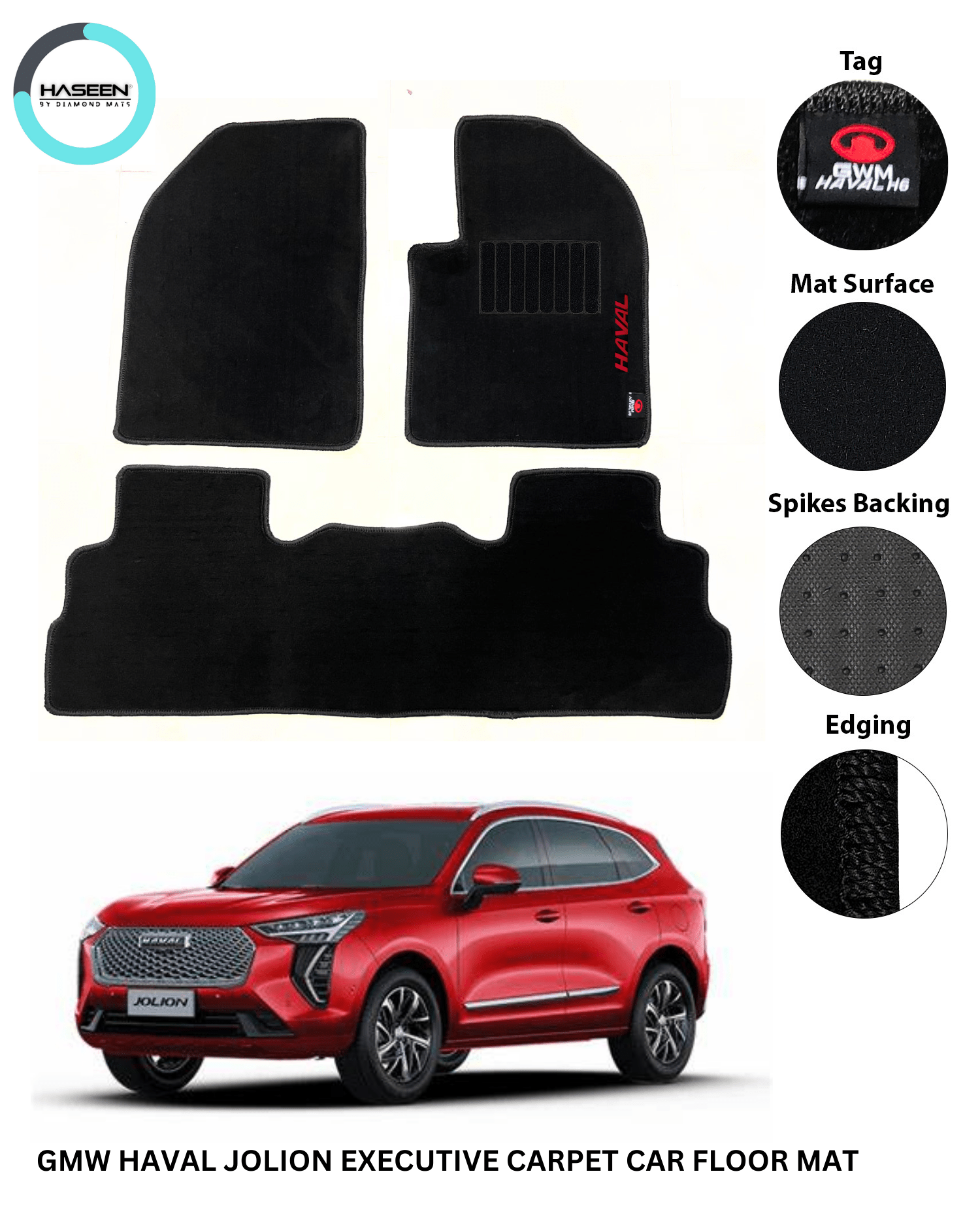 GMW HAVAL JOLION 2022 - 2024 NEW EXECUTIVE SIDE LOGO CARPET CAR FLOOR MAT - haseenmats.pk