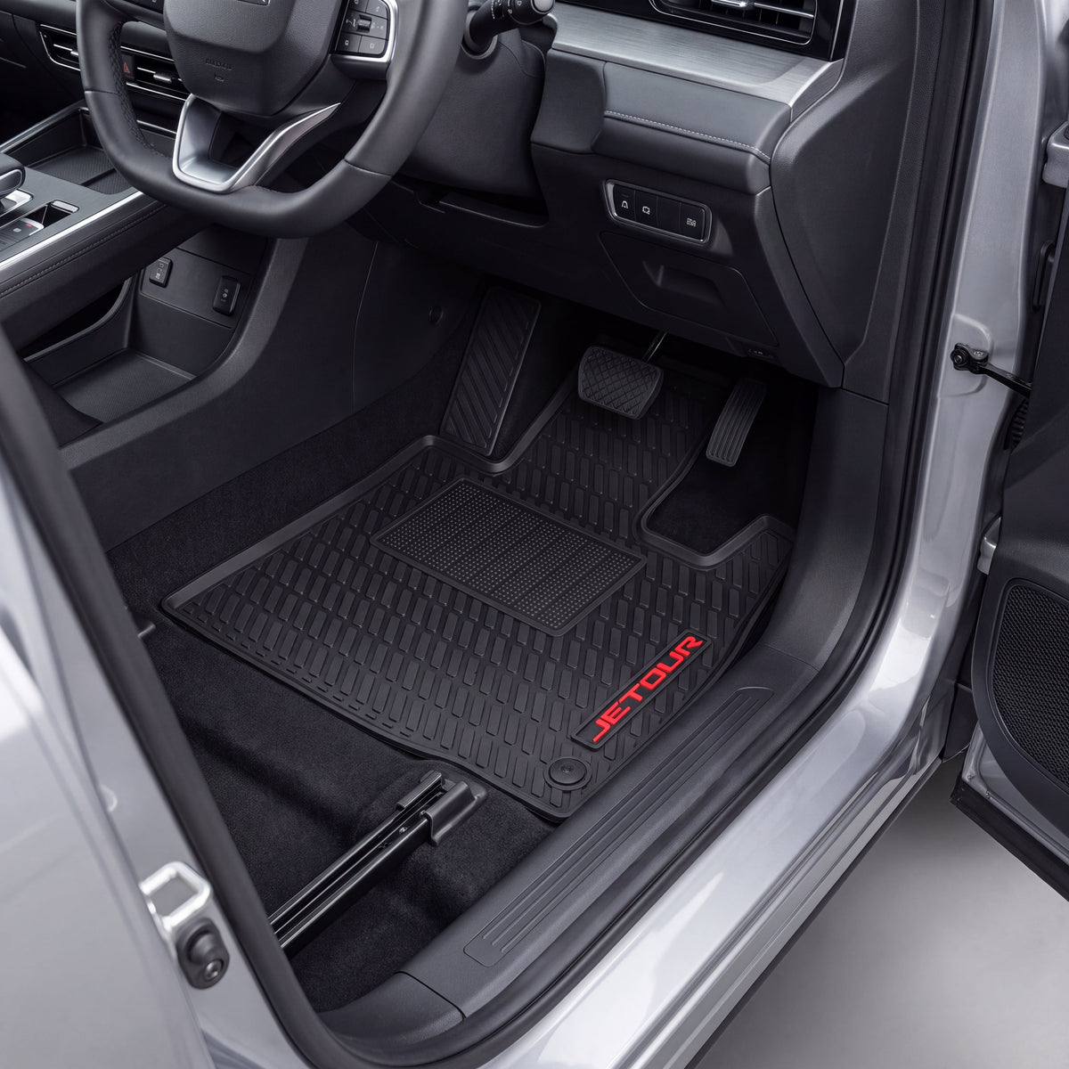 Haseen Jetour Dashing latex rubber PVC car floor mats installed – black custom fit anti-slip mats, Pakistan