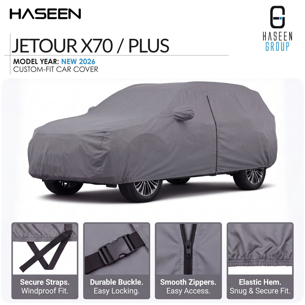 A gray car cover fitted over a vehicle, shown on a white background with HASEEN branding and feature callout panels at the bottom. Text reads 'JETOUR X70 / PLUS' and 'MODEL YEAR: NEW 2026 CUSTOM-FIT CAR COVER.
