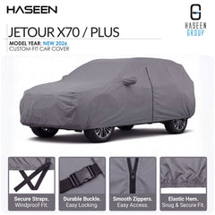 A gray car cover fitted over a vehicle, shown on a white background with HASEEN branding and feature callout panels at the bottom. Text reads 'JETOUR X70 / PLUS' and 'MODEL YEAR: NEW 2026 CUSTOM-FIT CAR COVER.