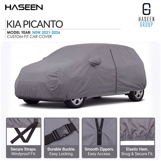 A gray car cover fitted over a car, shown on a white background with HASEEN branding and feature callouts. The text reads 'KIA PICANTO' and 'MODEL YEAR: NEW 2021-2026 CUSTOM-FIT CAR COVER.