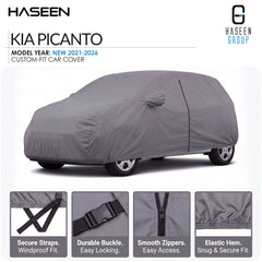 A gray car cover fitted over a car, shown on a white background with HASEEN branding and feature callouts. The text reads 'KIA PICANTO' and 'MODEL YEAR: NEW 2021-2026 CUSTOM-FIT CAR COVER.