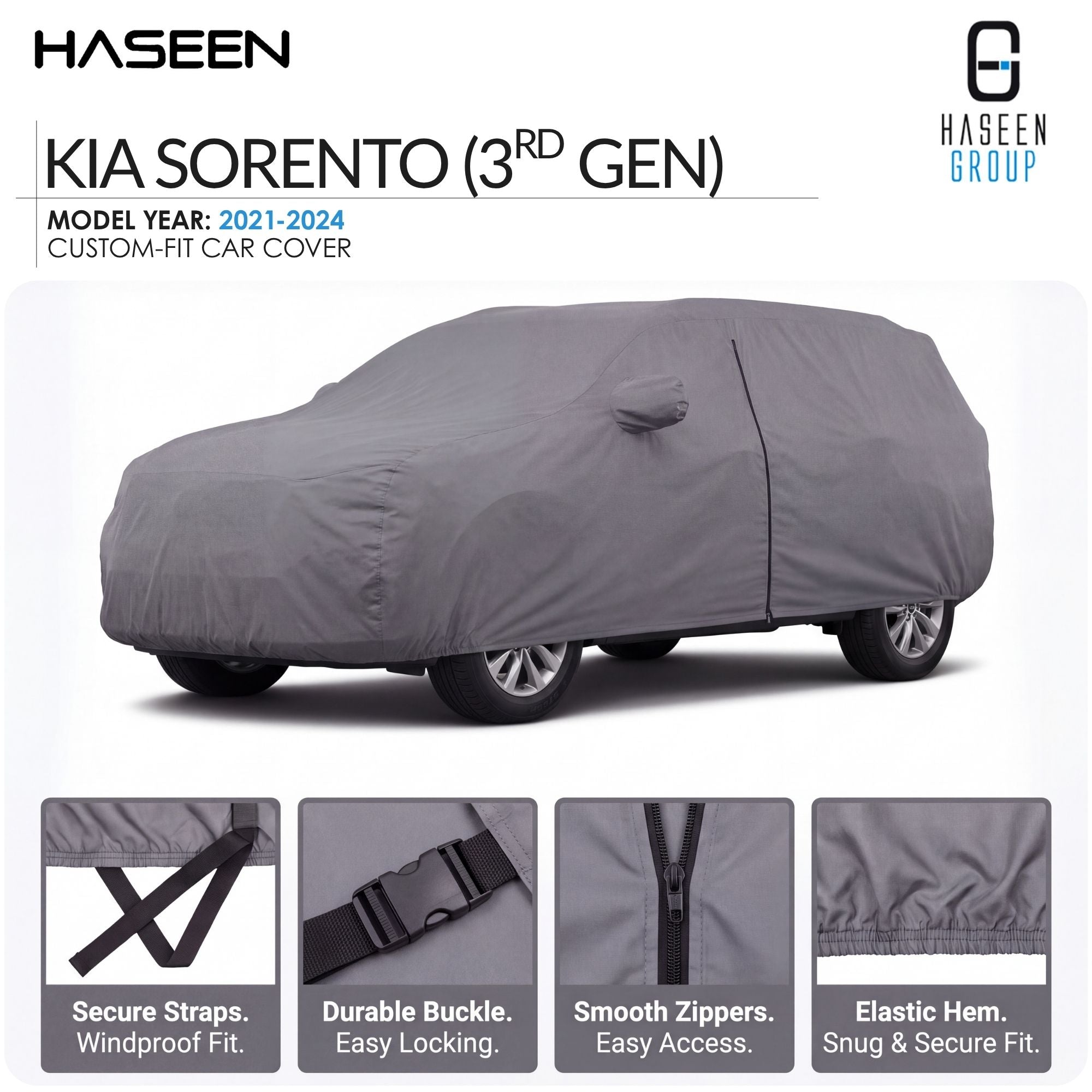 A gray custom-fit car cover shown on a Kia Sorento (3rd Gen) model car, with feature callout images along the bottom. The brand HASEEN is visible at the top.