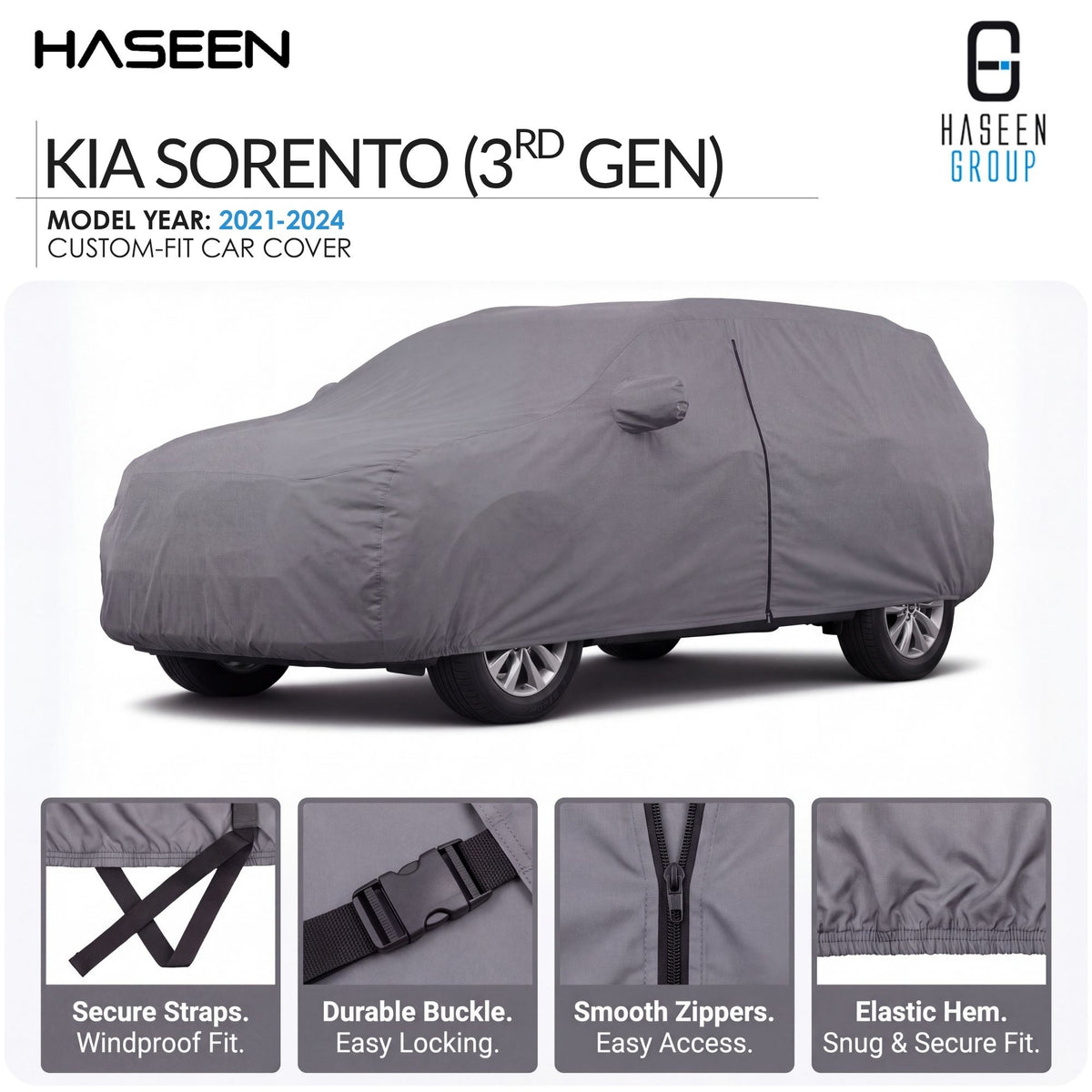 A gray custom-fit car cover shown on a Kia Sorento (3rd Gen) model car, with feature callout images along the bottom. The brand HASEEN is visible at the top.