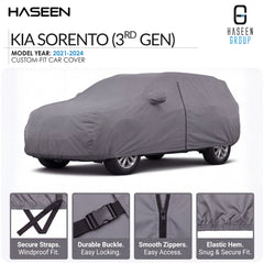 A gray custom-fit car cover shown on a Kia Sorento (3rd Gen) model car, with feature callout images along the bottom. The brand HASEEN is visible at the top.
