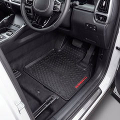 Black rubber car floor mats with a textured grip pattern and red 'SCORATO' branding, shown installed in a vehicle's footwell.