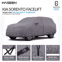 A gray custom-fit car cover shown on a white background, with the text 'KIA Sorento Facelift' and 'Model Year: New 2025-2026 4th Generation' at the top. Four inset detail panels at the bottom highlight features such as secure straps, durable buckle, smooth zippers, and elastic hem.