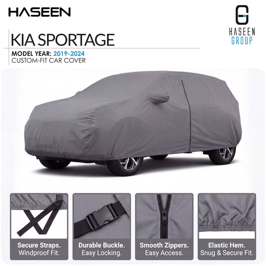 A gray custom-fit car cover shown on a white background, with the text 'HASEEN KIA SPORTAGE' and 'MODEL YEAR: 2019-2024 CUSTOM-FIT CAR COVER.' Four small inset detail panels at the bottom highlight features such as secure straps, a durable buckle, smooth zippers, and an elastic hem.
