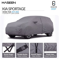 A gray custom-fit car cover shown on a white background, with the text 'HASEEN KIA SPORTAGE' and 'MODEL YEAR: 2019-2024 CUSTOM-FIT CAR COVER.' Four small inset detail panels at the bottom highlight features such as secure straps, a durable buckle, smooth zippers, and an elastic hem.