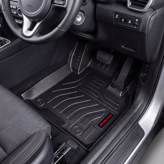 Haseen Kia Sportage 9D TPE car floor mats installed – black ridged custom fit mats with red Sportage logo, Pakistan