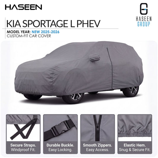 A gray custom-fit car cover shown on a Kia Sportage L PHEV, with HASEEN branding and four feature callout panels at the bottom highlighting secure straps, durable buckle, smooth zippers, and elastic hem.