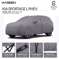 A gray custom-fit car cover shown on a Kia Sportage L PHEV, with HASEEN branding and four feature callout panels at the bottom highlighting secure straps, durable buckle, smooth zippers, and elastic hem.