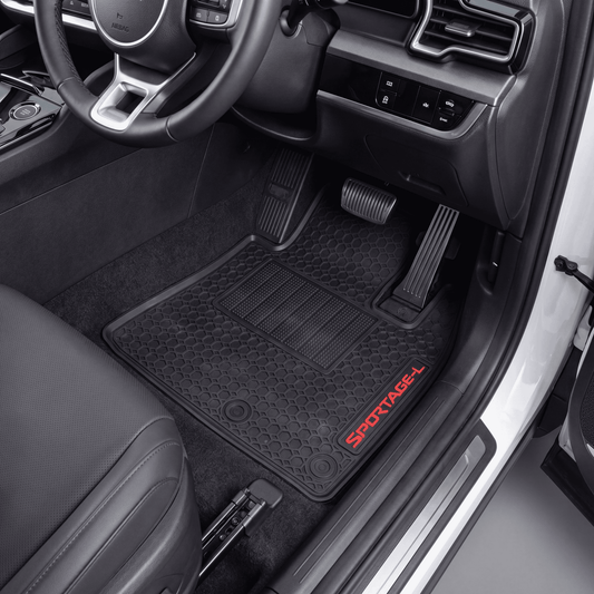 Black rubber car floor mats with a honeycomb pattern and red SPOTTAGEEL branding, shown installed in the front of a vehicle interior.