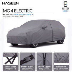 A gray custom-fit car cover shown on a white background, with the HASEEN brand logo at top left and HASEEN GROUP logo at top right. Text reads 'MG 4 ELECTRIC' and 'MODEL YEAR: NEW 2026 HATCHBACK CUSTOM-FIT CAR COVER.