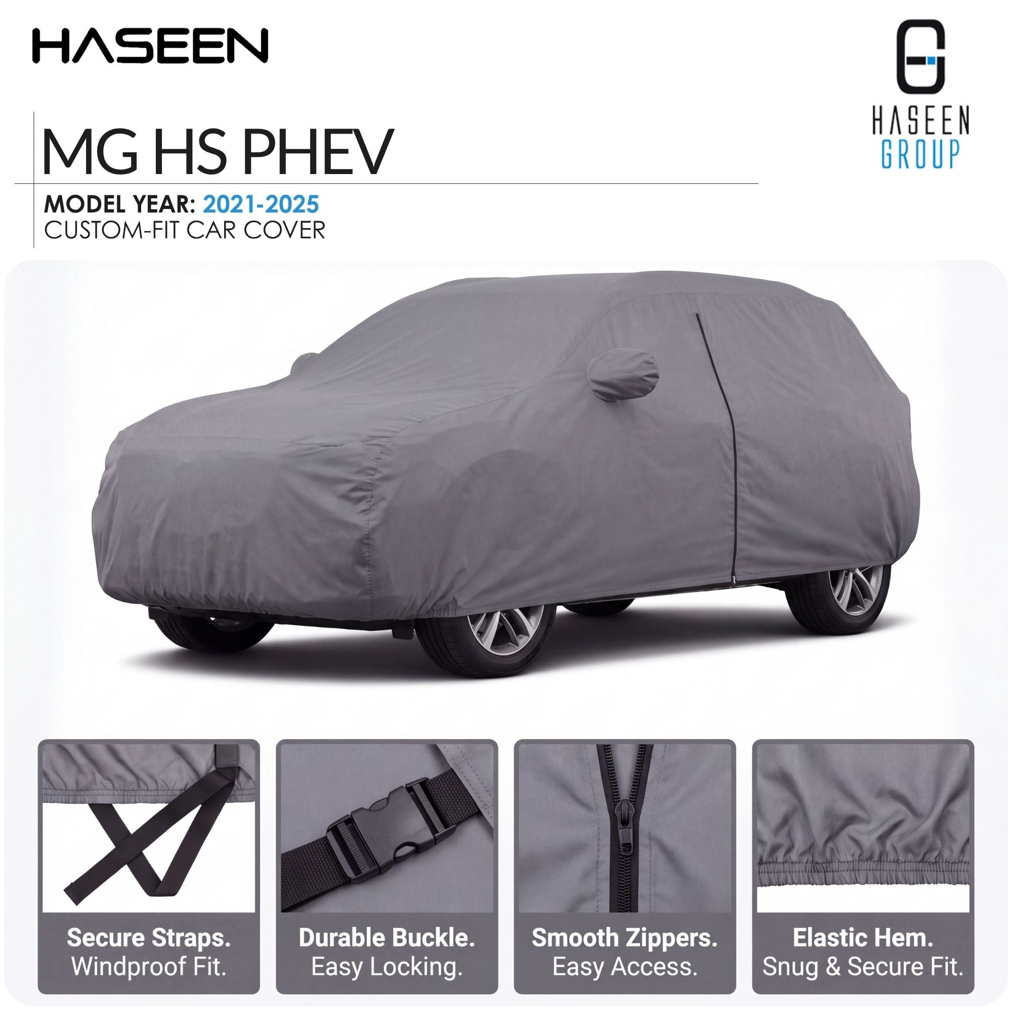 A gray custom-fit car cover shown on a white background, with the HASEEN brand logo at top left and HASEEN GROUP logo at top right. Text reads MG HS PHEV, model year 2021-2025, custom-fit car cover.