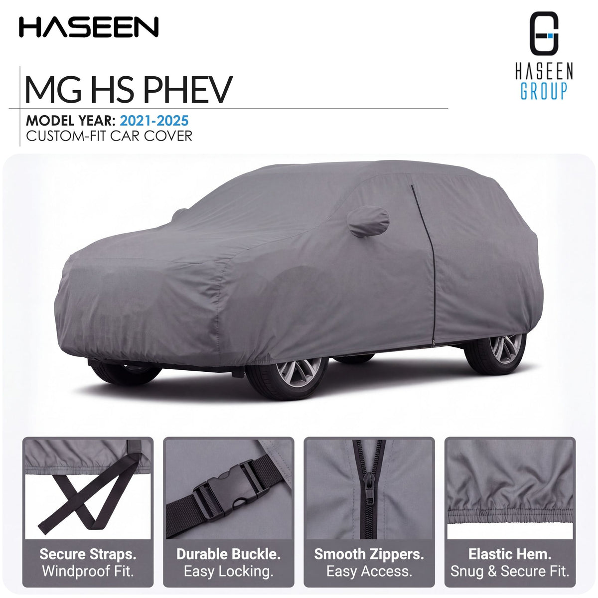 A gray custom-fit car cover shown on a white background, with the HASEEN brand logo at top left and HASEEN GROUP logo at top right. Text reads MG HS PHEV, model year 2021-2025, custom-fit car cover.