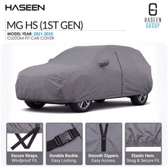 A gray custom-fit car cover shown on a car, with HASEEN branding and feature callouts for MG HS (1st Gen) model year 2021-2025. Four small inset detail panels at the bottom show secure straps, durable buckle, smooth zippers, and elastic hem.