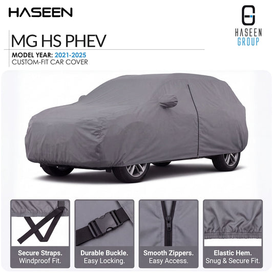 A gray custom-fit car cover shown on a white background, with the HASEEN brand logo at top left and HASEEN GROUP logo at top right. Text reads MG HS PHEV, model year 2021-2025, custom-fit car cover.