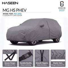 A gray custom-fit car cover shown on a white background, with the HASEEN brand logo at top left and HASEEN GROUP logo at top right. Text reads MG HS PHEV, model year 2021-2025, custom-fit car cover.