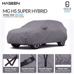 A gray car cover fitted over a car, shown on a white background with HASEEN branding and feature callouts along the bottom. The text reads MG HS SUPER HYBRID, model year new 2026, custom-fit car cover.