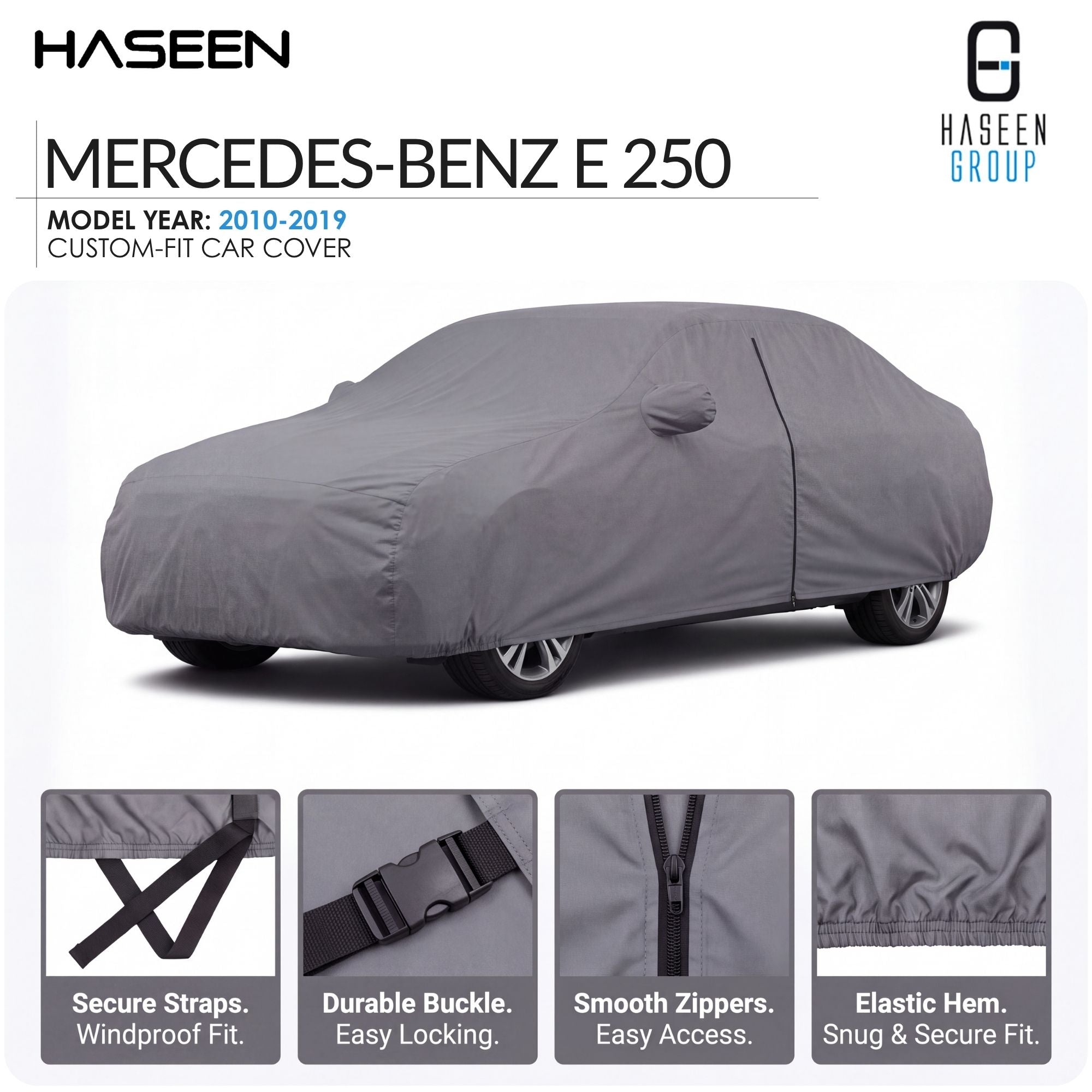 A gray car cover fitted over a Mercedes-Benz E 250, shown on a white background with Haseen branding and feature callouts along the bottom.