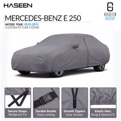 A gray car cover fitted over a Mercedes-Benz E 250, shown on a white background with Haseen branding and feature callouts along the bottom.