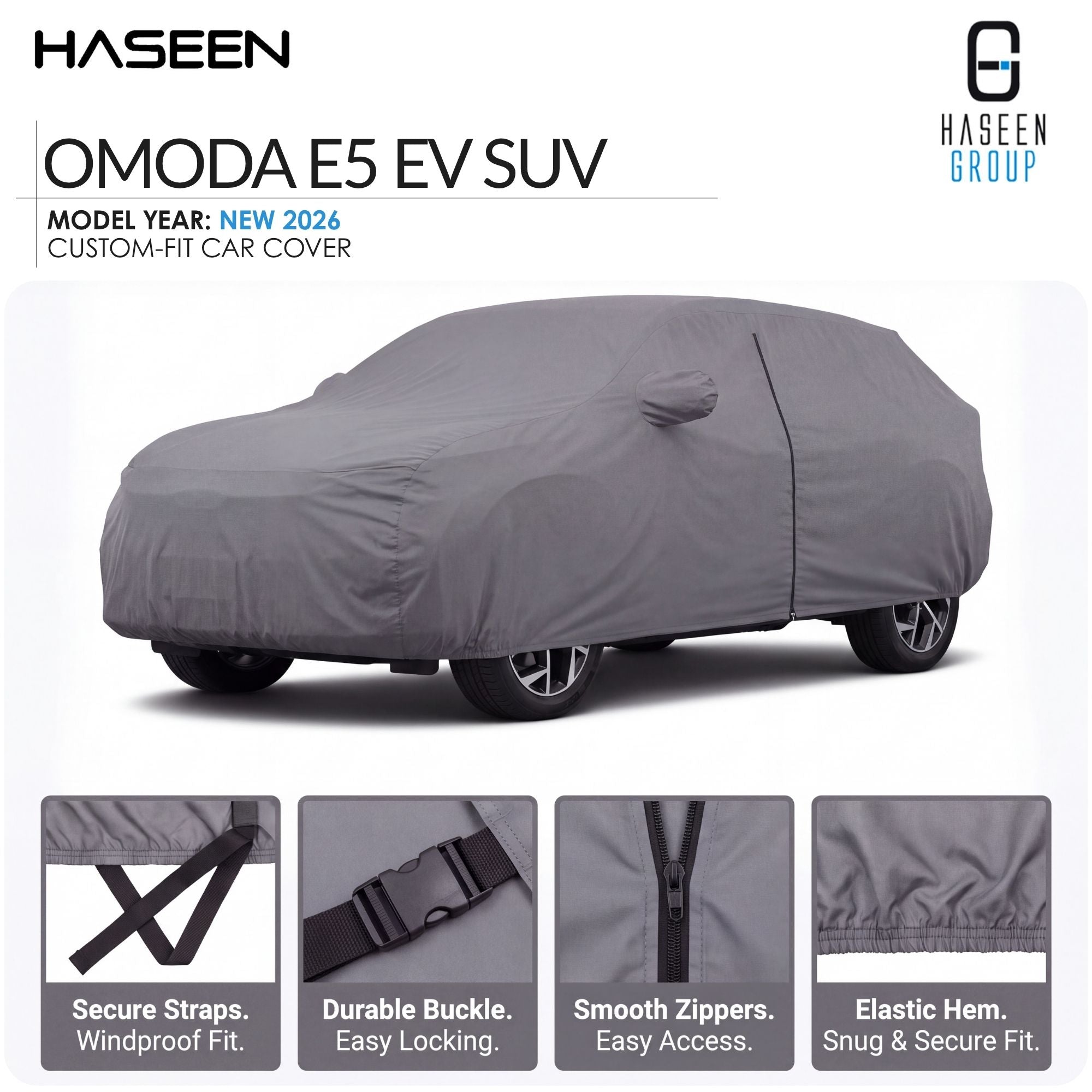 A gray car cover fitted over a vehicle, shown on a white background with HASEEN branding and feature callouts for the OMODA E5 EV SUV. Four inset detail panels at the bottom highlight secure straps, a durable buckle, smooth zippers, and elastic hem.