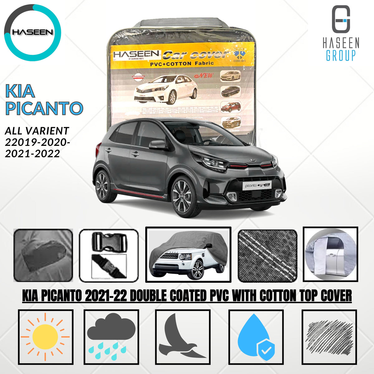 KIA PICANTO 2019-PRESENT DOUBLE COATED PVC WITH COTTON CAR COVER