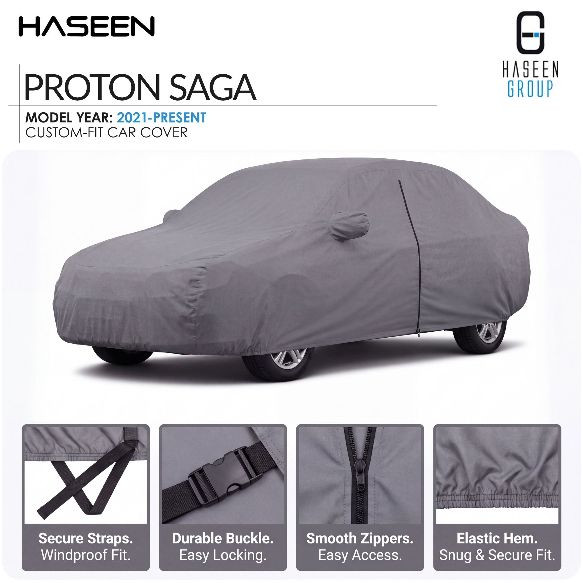 A gray custom-fit car cover shown on a car in a studio-style listing graphic for Haseen Proton Saga, with feature callout panels along the bottom.