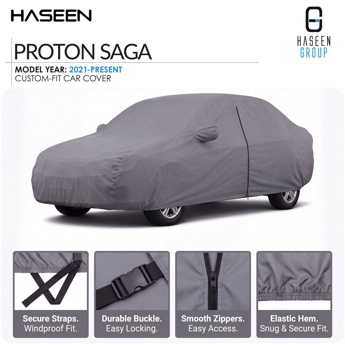 A gray custom-fit car cover shown on a car in a studio-style listing graphic for Haseen Proton Saga, with feature callout panels along the bottom.