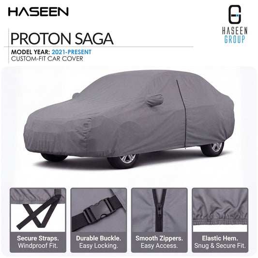 A gray custom-fit car cover shown on a car in a studio-style listing graphic for Haseen Proton Saga, with feature callout panels along the bottom.