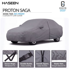 A gray custom-fit car cover shown on a car in a studio-style listing graphic for Haseen Proton Saga, with feature callout panels along the bottom.