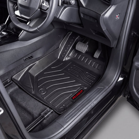 Haseen Peugeot 2008 2022-2024 9D TPE car floor mats installed – black mats with red Peugeot logo, Pakistan