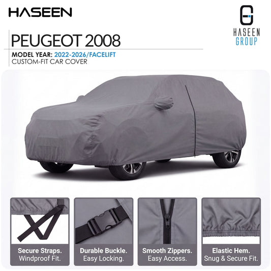 A gray custom-fit car cover shown on a car silhouette, with HASEEN branding and text for a Peugeot 2008 model year 2022-2026/facelift cover. Four feature callouts along the bottom mention secure straps, durable buckle, smooth zippers, and elastic hem.