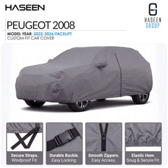 A gray custom-fit car cover shown on a car silhouette, with HASEEN branding and text for a Peugeot 2008 model year 2022-2026/facelift cover. Four feature callouts along the bottom mention secure straps, durable buckle, smooth zippers, and elastic hem.