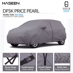 A gray custom-fit car cover shown on a white background, with HASEEN branding and text reading 'DFSK PRICE PEARL' and 'Model Year: 2021-2026'. Four small detail panels at the bottom highlight secure straps, durable buckle, smooth zippers, and elastic hem.