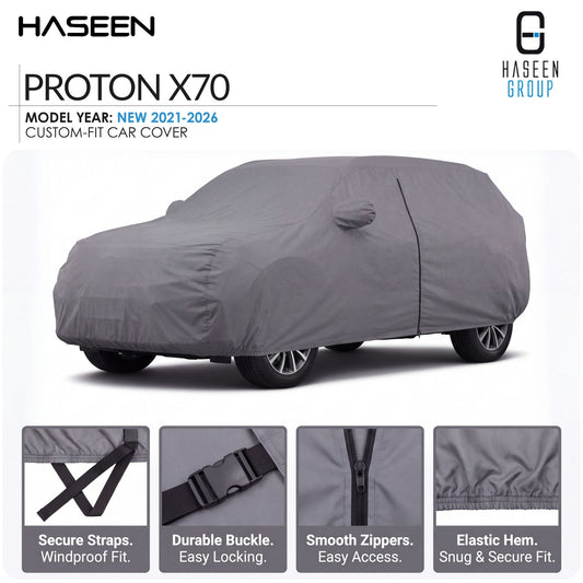 A gray custom-fit car cover shown on a white background, with the HASEEN brand logo at top left and HASEEN GROUP logo at top right. Text reads 'PROTON X70' and 'MODEL YEAR: NEW 2021-2026 CUSTOM-FIT CAR COVER.