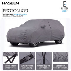 A gray custom-fit car cover shown on a white background, with the HASEEN brand logo at top left and HASEEN GROUP logo at top right. Text reads 'PROTON X70' and 'MODEL YEAR: NEW 2021-2026 CUSTOM-FIT CAR COVER.