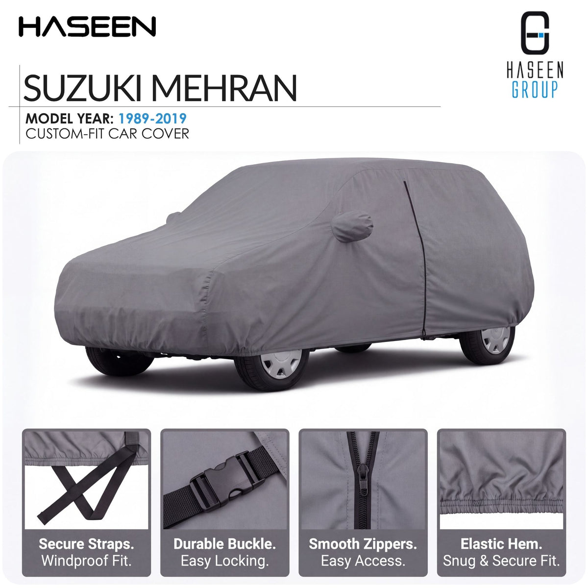 A gray car cover fitted over a Suzuki Mehran car, shown on a white background with Haseen branding and feature callout panels at the bottom.