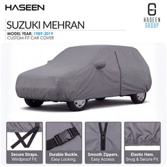 A gray car cover fitted over a Suzuki Mehran car, shown on a white background with Haseen branding and feature callout panels at the bottom.